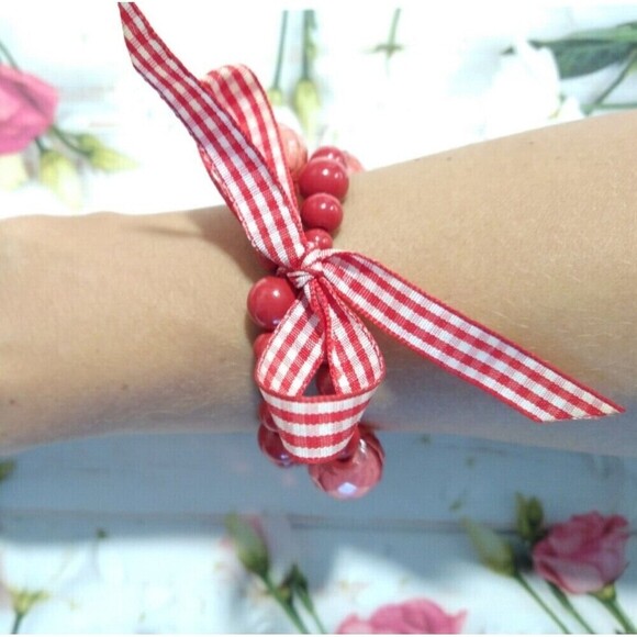 Red White Ribbon Two Layered Red Beads Adjustable Bracelet Stretch - Picture 2 of 3